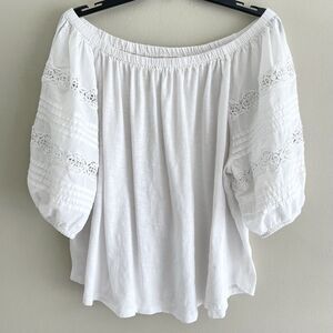 LOFT Knit Top Size XL Puffer Embroidered Pintuck Sleeves White Classic Blouse